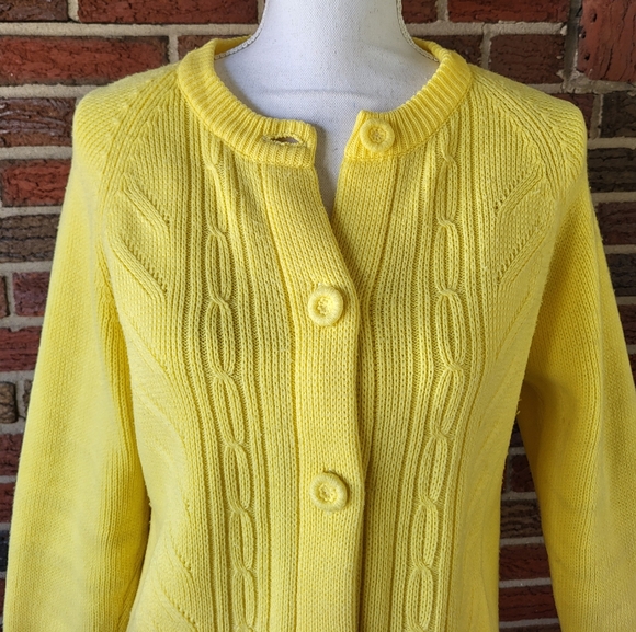 Vintage Sweaters - Vintage Yellow Cableknit Patch Pocket Cardigan Acrylic Size Medium